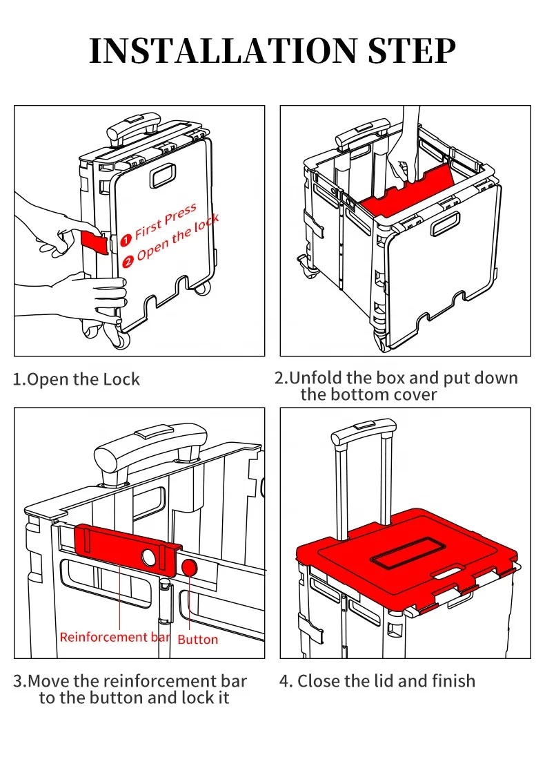 Anjuny 52L Folding Utility Cart Portable Rolling Crate Handcart Handle Plastic Box For Picnic Camping Fishing