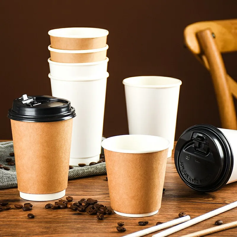 
8oz 12oz 16oz Wholesale Double Wall Kraft Paper Cup with Lid for Hot Drink Coffee Tea 
