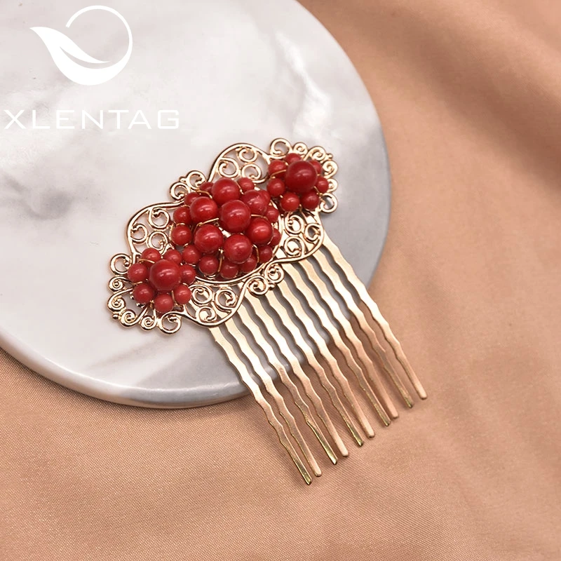 Natural Round Coral Hair Clip Wedding Bridal Jewelry 18k Gold Vintage Hair Accessori For Woman