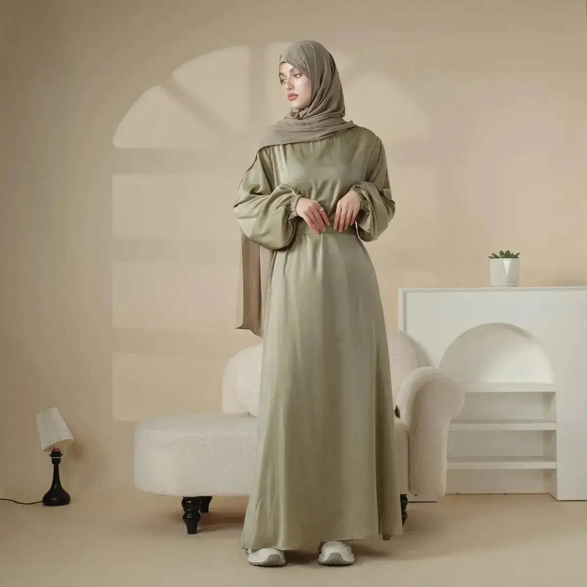 Wholesale Elegant Islamic Turkish Linen Abaya Muslim Girls Women Long Sleeve Cotton Linen Dress Luxury Modest Satin Dresses