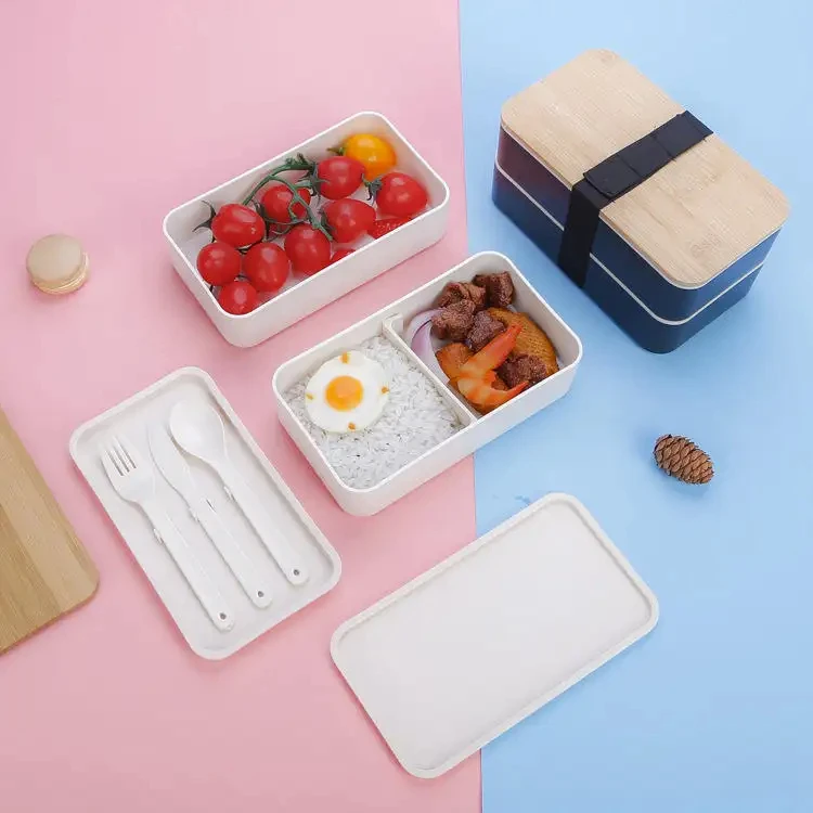 Food Grade Stackable 2 Layers Round Plastic Wheat Straw Food Container Lunch Box Bento Lunch Box with Spoon and Fork