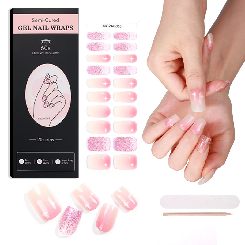 manicure supplier nail gel strips private custom logo semi cured gel nail stickers dry with UV light