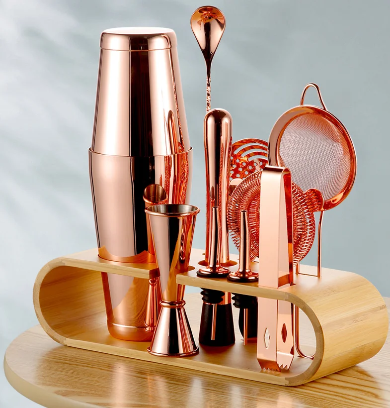 Stainless Steel Boston  Shaker 11PCS Set Bar Accessory  Kit With/ Without Bamboo Rack