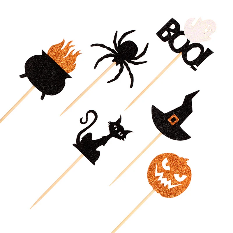 Wholesale creative cake sticker toothpicks, Spider Cat Witch Hat Pumpkin Halloween party theme sticker Halloween