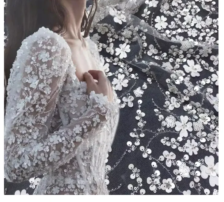 Good Quality African Floral Design White  Tulle Lace Fabric luxury Mesh Elegant Wedding Dress Crystal Lace Fabric