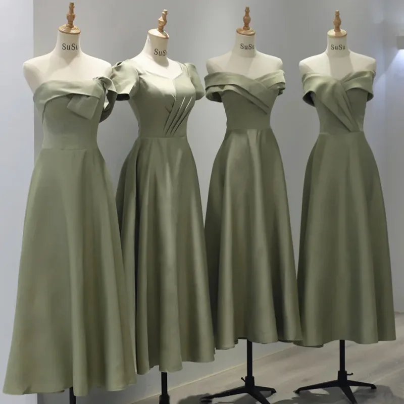 Ready to Ship Party Dress Long Wedding Guests Prom Dress Green Satin Bridesmaids Dress