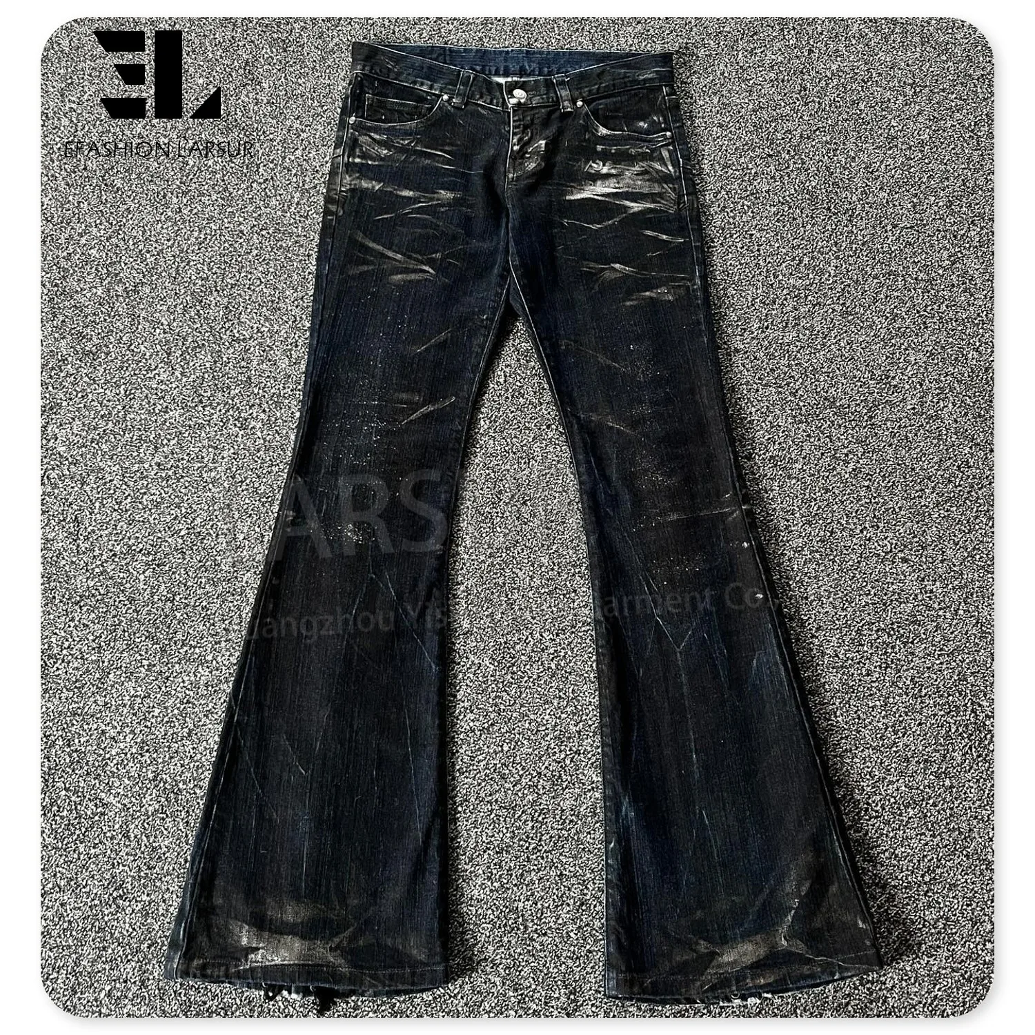 LARSUR Custom factory distress faded wash flare jeans men slim hand dirty wax coated dirty flare denim pants