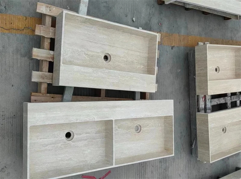 Factory Price Wall Mounted Bathroom Stone Basin Beige Travertine Wall Hanging Rectangle Bathroom Sink