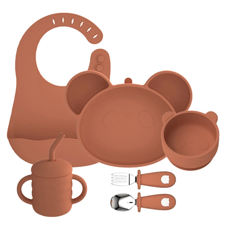 Cute Panda BPA Free Microwave Dishwasher Safe Divided Kids Dinnerware Baby Plate Suction Silicone Baby Feeding Set