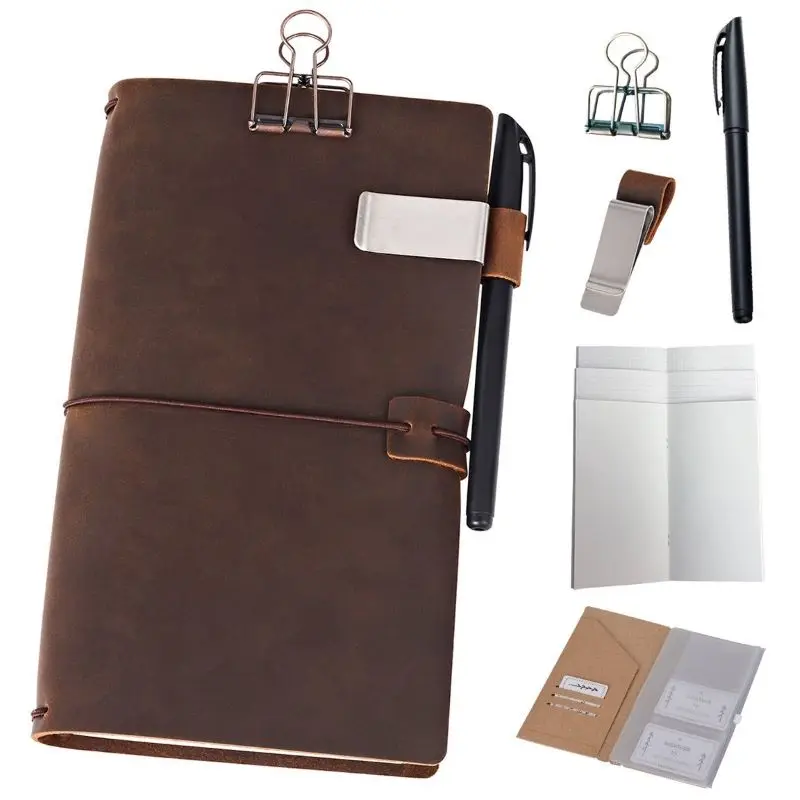 Handmade Refillable Genuine Journal Diaries with Leather Notebook - 8.5 x 4.5 Travel Diary with 5 Inserts