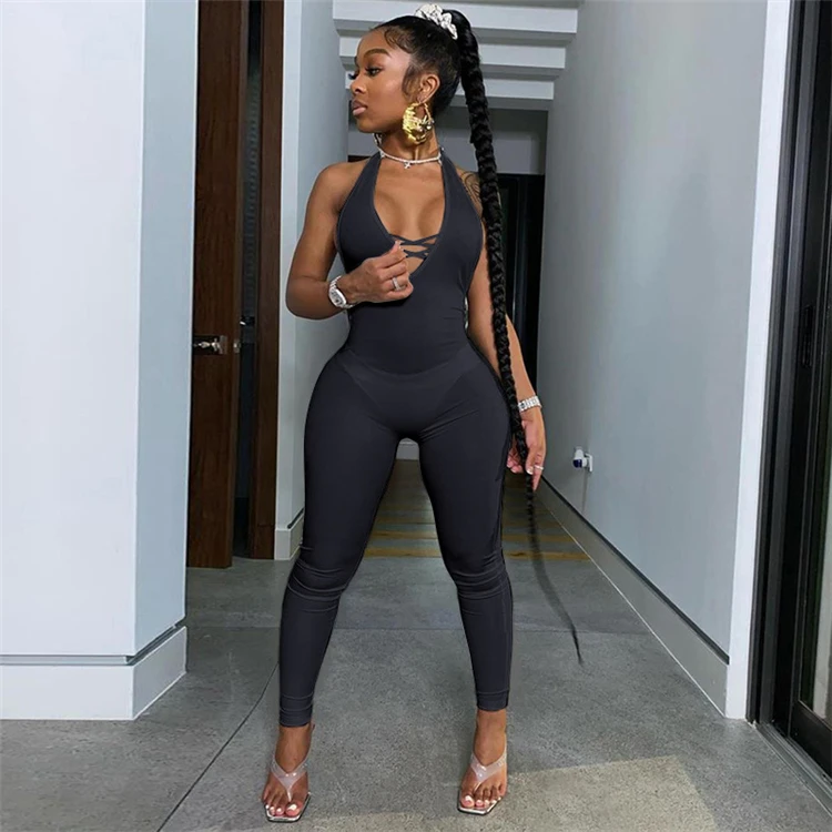 Fondpink Lowest Price Pure Color Deep V-Neck Halter Backless Women Summer Casual Long One Piece Jumpsuits