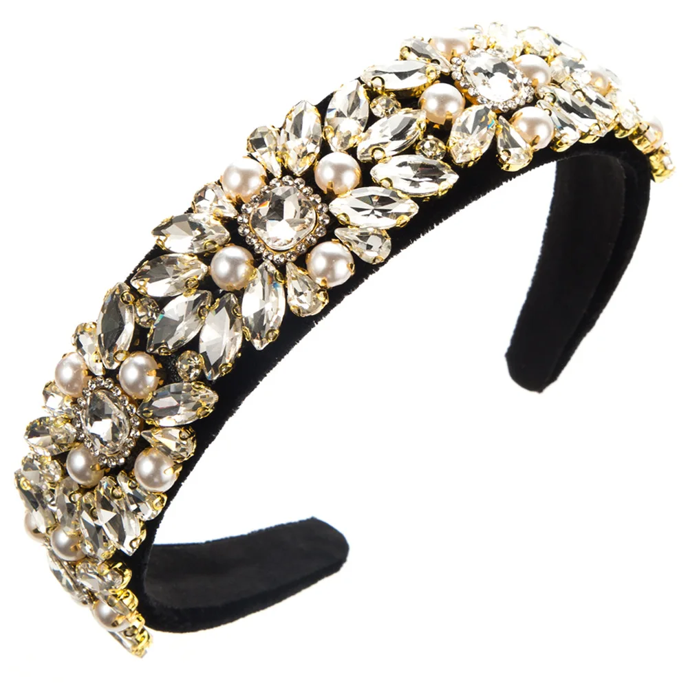 Retro court style Baroque heavy industry hair bands velvet fabric wide edge diamond pearl hair accessories wholesale headband