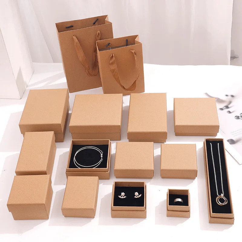Full Size Kraft Paper Cardboard Jewelry Packaging Necklace Bracelet Gift Box Custom Jewellery Packaging Black Lid and Bottom Box