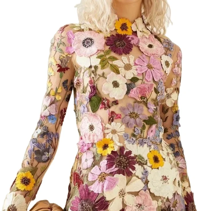 Hot Sale Printed Embroidery Women Midi Floral Dress Long Sleeve Evening Elegant Luxury 3D Flowers Dress