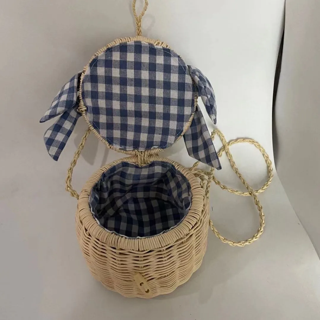 
Children Kids Straw Bag Small Size Round Rattan Shoulder Bag With Scarf 
