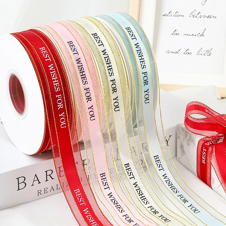 Hot Selling Clear Chiffon Satin Fabric Cake Packaging Ribbon Wholesale Printed Happy Birthday Ribbon For Flower Shop