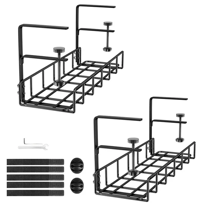 Manufacture Metal Wire Long Arm Clamp Desk Cable Organizer Tray Under Desk Cable Management Tray Under Table Cable Storage Racks