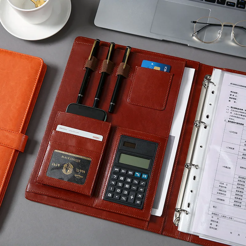 Multi Function Leather Cover 4 Hole Ring Binders File Folder A4 Document Holder with Calculator