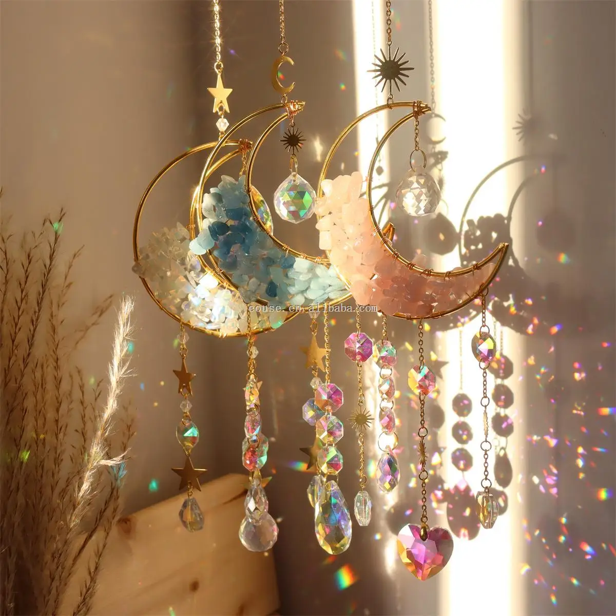 Amethyst Moon Crystal sun catcher Prism Half Moon shaped Window Hanging Pendant Glass Prism Decorative Wind Chime Color