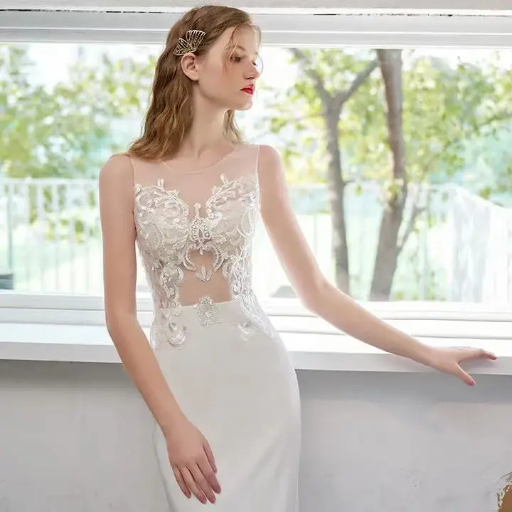 New style wedding dress lace short sleeve high waist 3D three-dimensional flower bride wedding dress