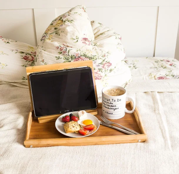 Foldable Tray Table Breakfast Tray Bamboo Bed table with leg Wooden Expendable Food Tray for Hotel and House Using