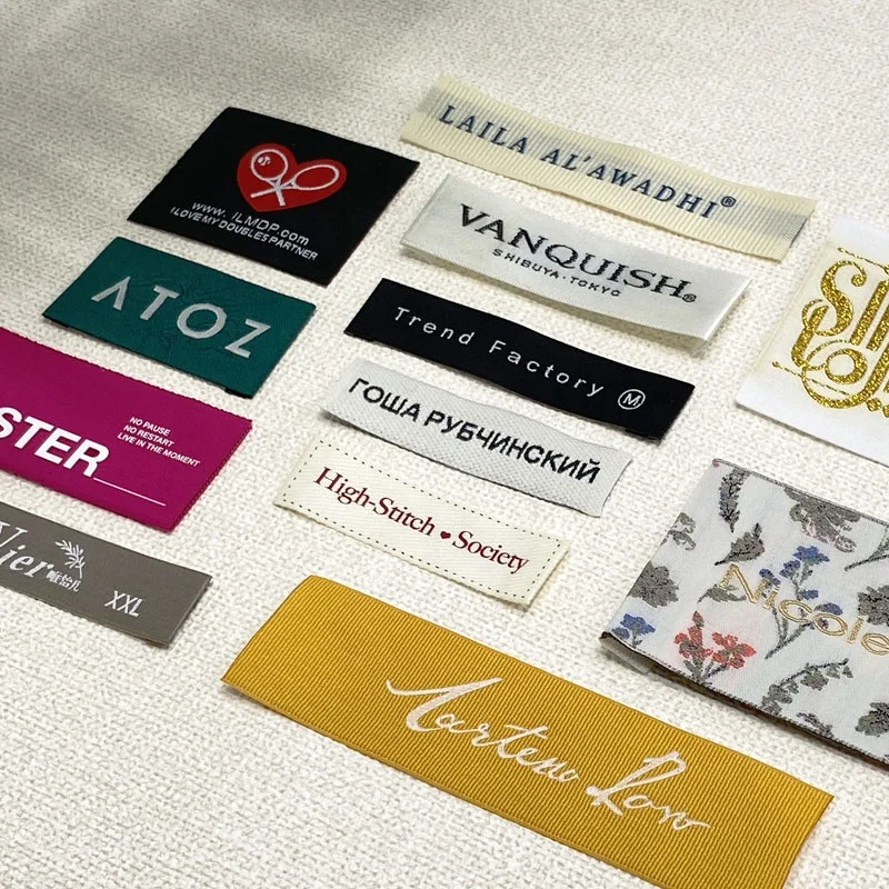 High Density Custom Brand Name Logo and Size Folded Garment Textile Neck Woven Tags Labels for Clothing