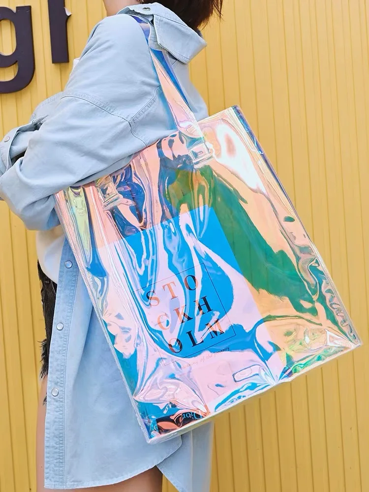 Factory Wholesale Iridescent Laser Tote Holographic Bag, Custom Logo Reusable Shopping Bag Rainbow Hologram Clear PVC Tote Bagit