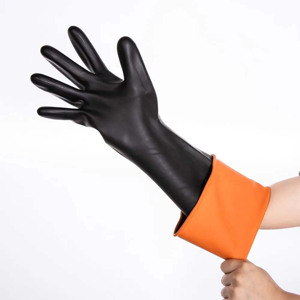 EN374 EN388 EN420 CE ISO Black Heavy Duty Flock Liner Industrial Work Rubber Chemical Resistant Latex Gloves