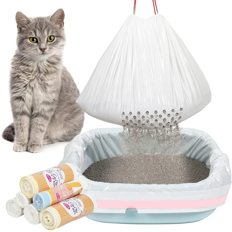 Heavy Duty Drawstring Kitty Litter Pan Bags Disposable Safe Environmental Protection Durable Rolled Plastic Cat Litter Bag