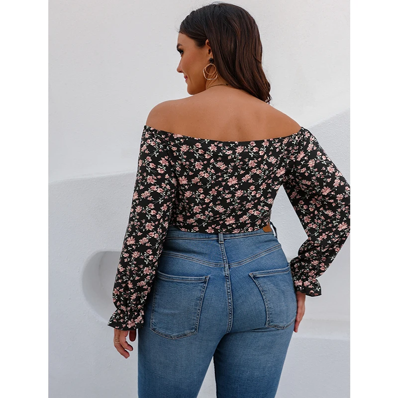 Hot Sell Wholesale New Design Ladies Clothing Floral V Neck Crop Top Casual Plus Size Off Shoulder Tops Long Sleeve