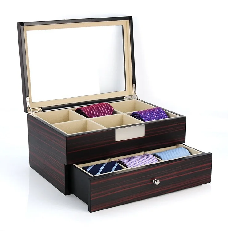 Hot Selling 2 Layer Storage case Tie Display Case Wooden Necktie Box with Drawer