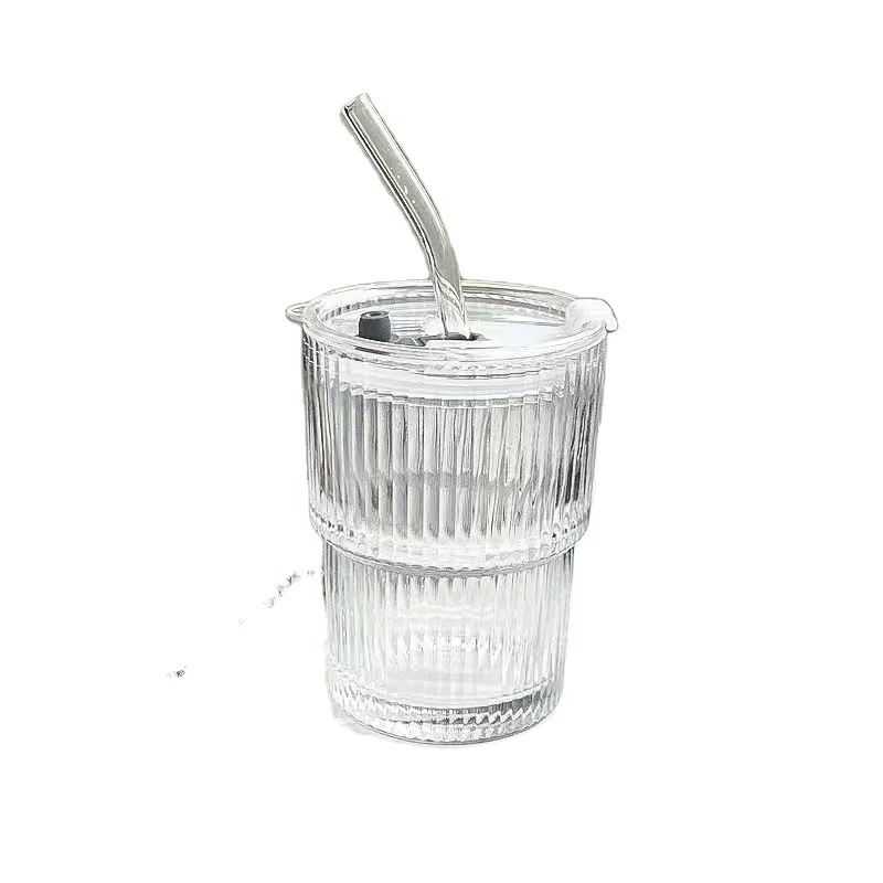 Simple Vertical Striped Glass With Lid Straw Cup High-Value Milk Coffee Cup Drink Cup