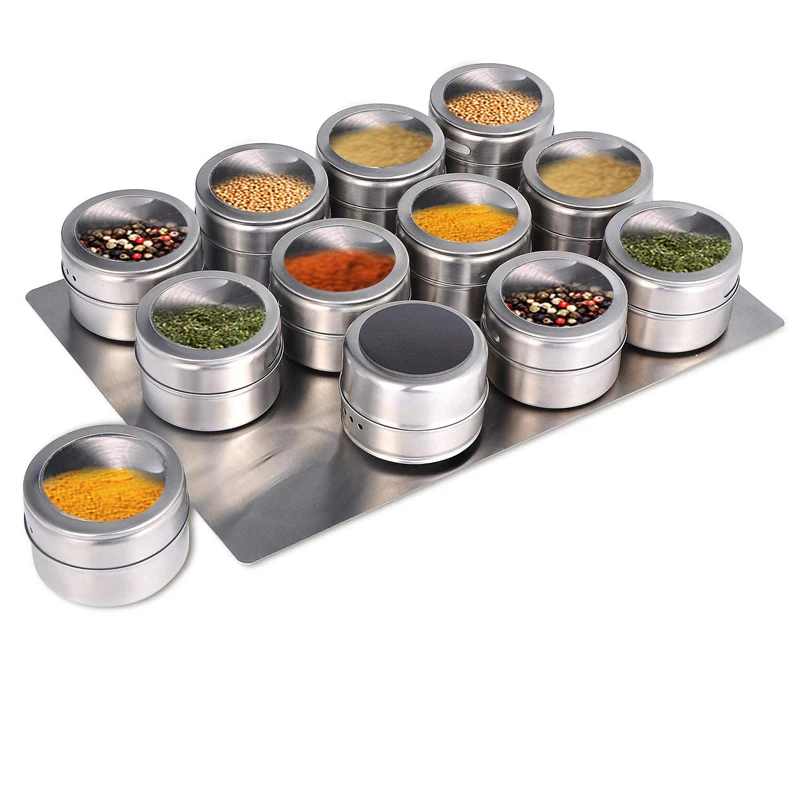 kitchen Custom nordic Empty round glass stainless steel barbecue Seasoning Containers storage magnetic spice jars