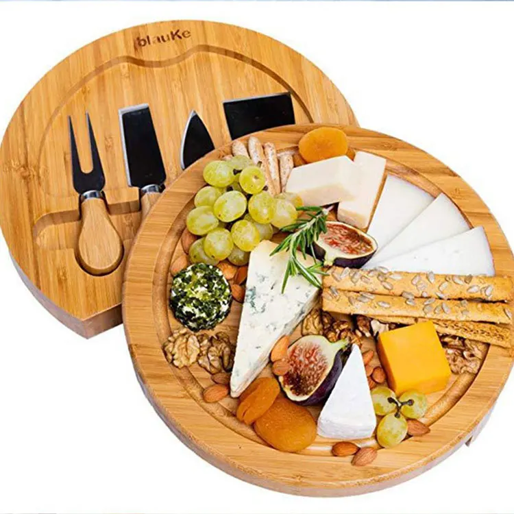 Wholesale custom logo rectangle square round premium cheap small bamboo meat cheese charcuterie board platter set with knives