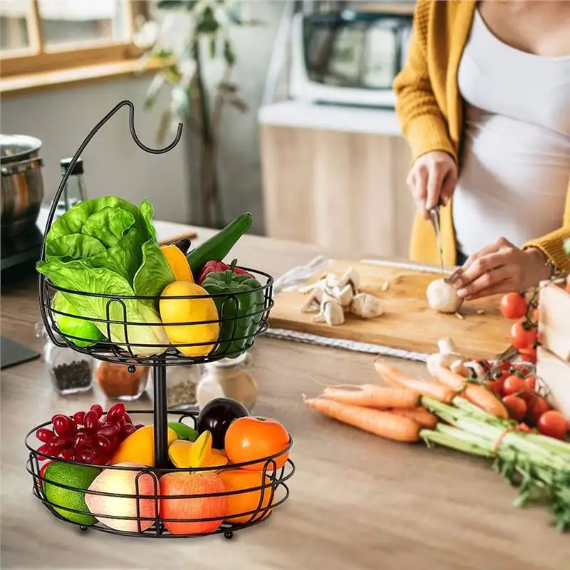 Home kitchen accessories metal iron wire 2 tier fruit basket