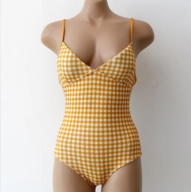 Ins style retro plaid backless bikini open sexy girl full swimsuit photo indian open sexy womens swimsuit photos