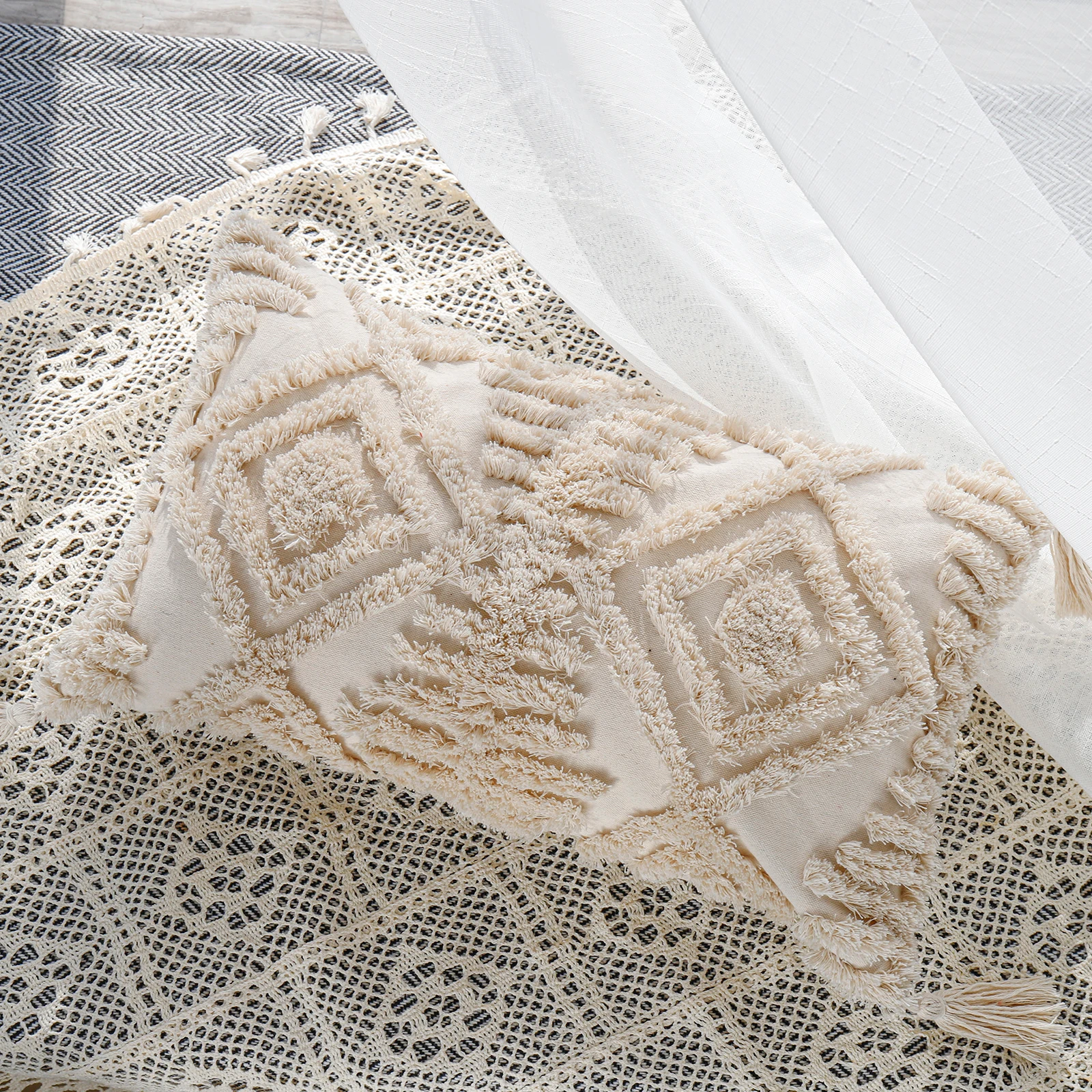 Moroccan macrame cotton fabric cushion for car boho tufted pillow case cushion cover