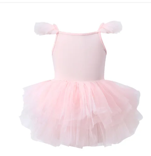 95% Cotton 5% Spandex High Quality Ruffle Sleeve Singlet Pink Light Blue Performance Kids Baby Ballet Tutu Dress