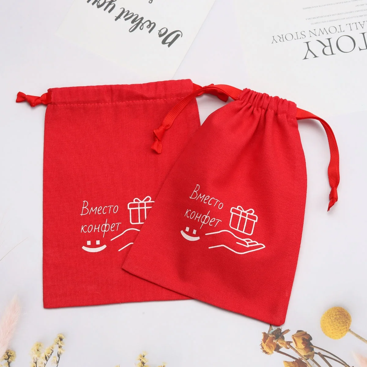 100% Cotton Linen Pouch Custom Logo Printed Red Cotton Weeding Party Favor Gift Packaging Muslin Bag