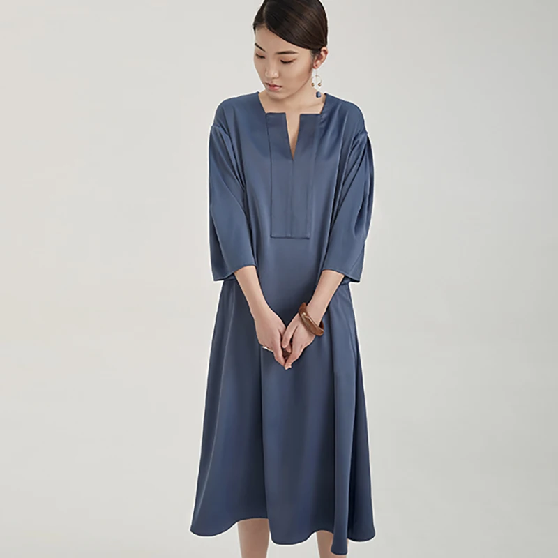 Fashion high end women royal blue belt 3/4 sleeve long satin dress with pockets