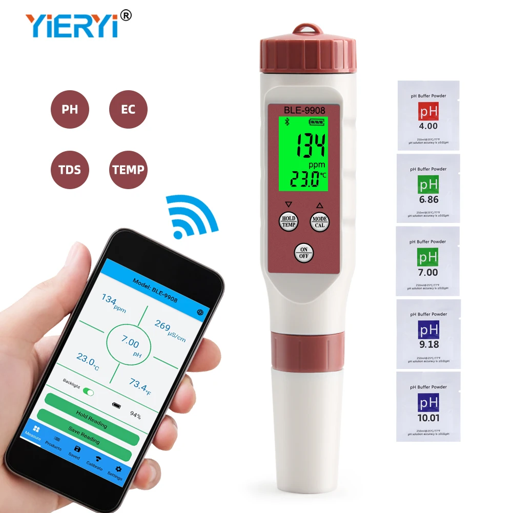 Smart Bluetooth pH Meter  0~9999PPM TDS/EC  Tester  BLE-9908   4 IN 1 PH Meter  with backlight , support mobile  control