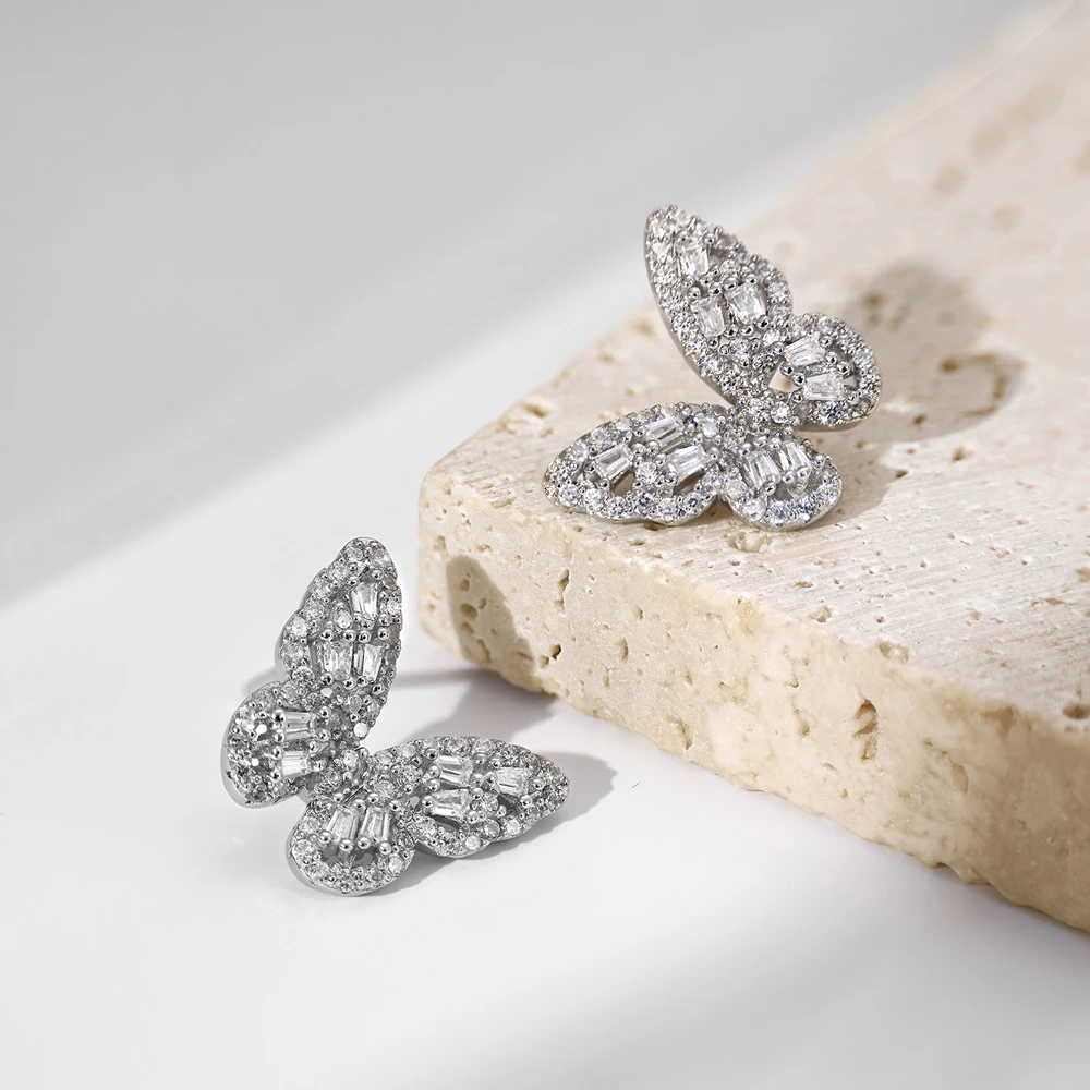 Dylam Stylish Tine Design 925 Sterling Silver Rhodium Plated 5A Cubic Zirconia Diamond Butterfly Shape Stud Earrings for Women