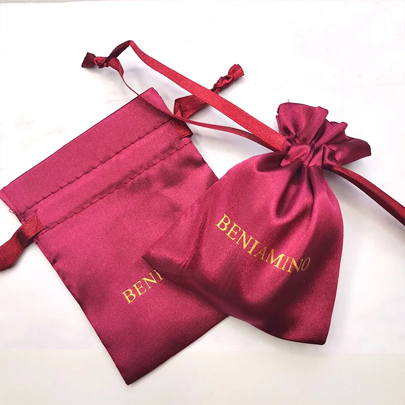 Custom Logo Printed Small Satin Drawstring Gift Bag Pouch Jewelry Packaging Silk Custom Bag