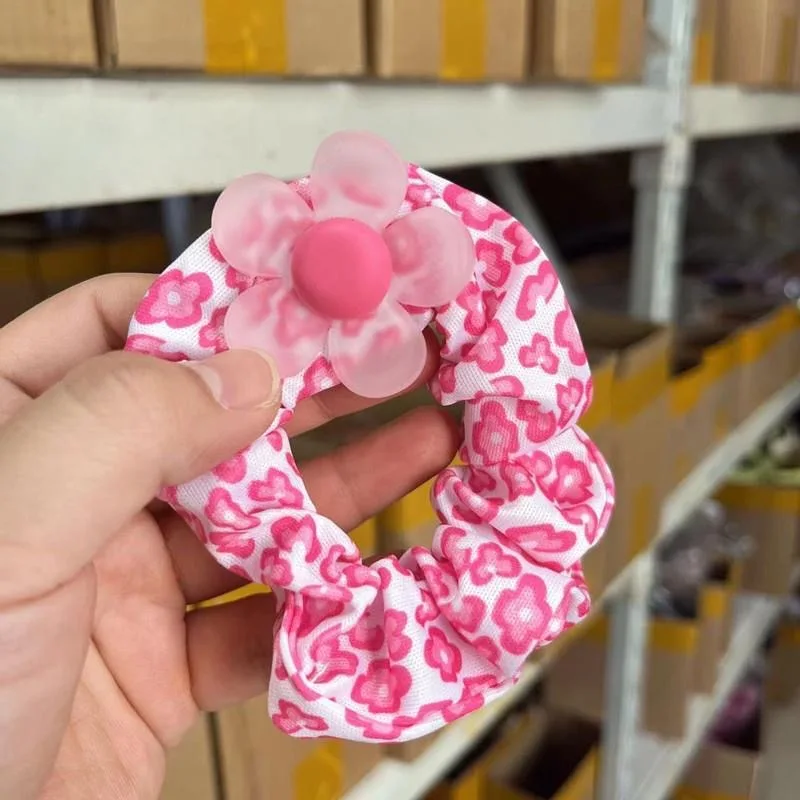 YT NEW Sweet Kids Cute Bear Large Scrunchie Spring New Sakura Pink Cartoon Elastic Hair Band Girl Flower Hair Rope