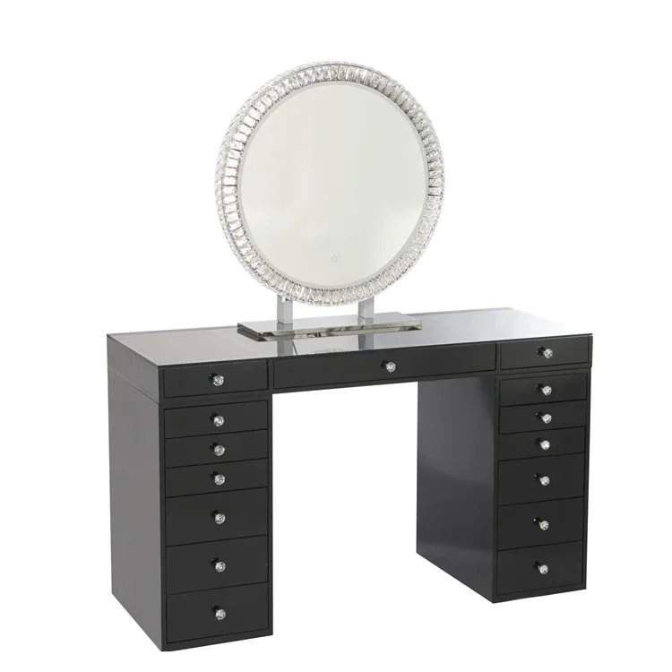 
15 drawers luxury black painted wood vanities with mirror light make up table 