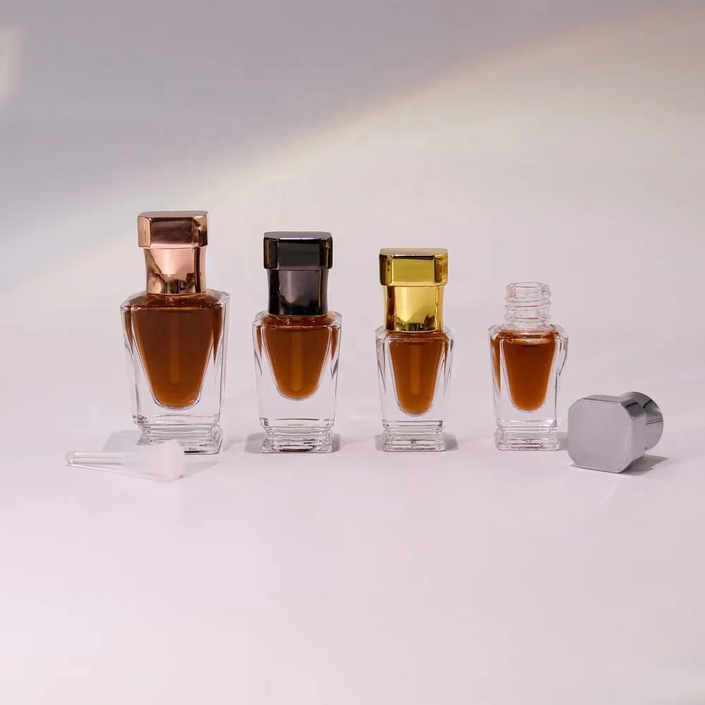3ml 6ml 12ml Square Attar Bottle Glass Oud Oil Perfume With Zamac Cap and Glass stick