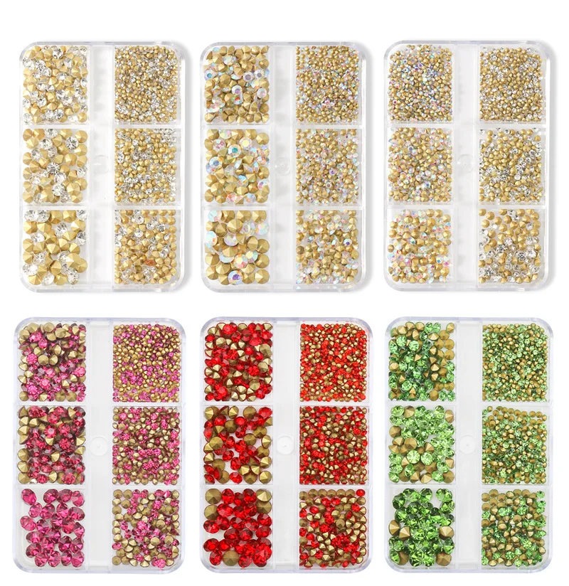 Nail art point back rhinestones mixed size 6 rids nail crystal stones nail bottom glass diamond charms wholesale