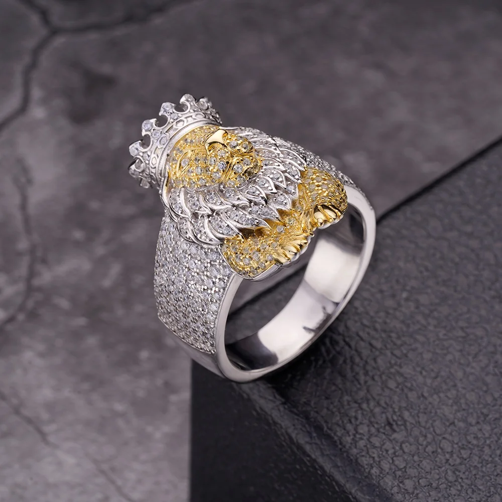 Rapper Hip Hop New Brass Clear Cz Two Tone Silver Plated Lion Ring For Men