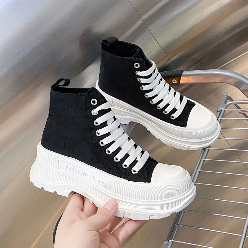 Couple Shoes Black High Ankle Canvas Shoes For Boy And Girl 35-44#