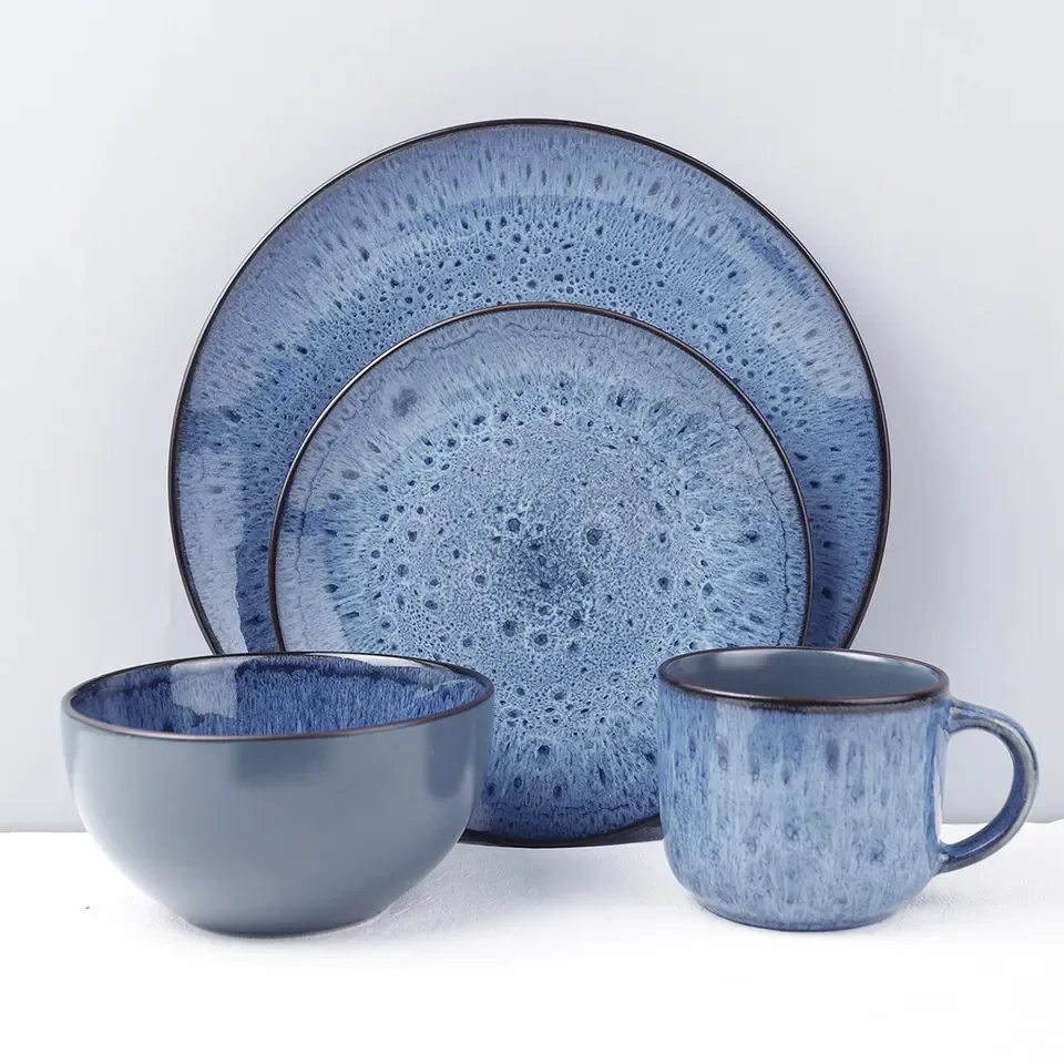 Matte Color Green Blue Black Reactive Glazed Ceramic Stoneware Dinnerware Sets Antique Crockery Rustic Stone Dinner Sets